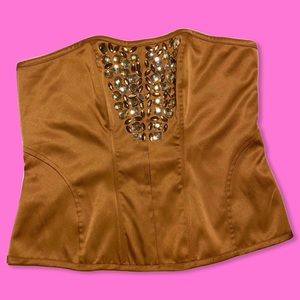 Honey brown bejeweled bustier top.